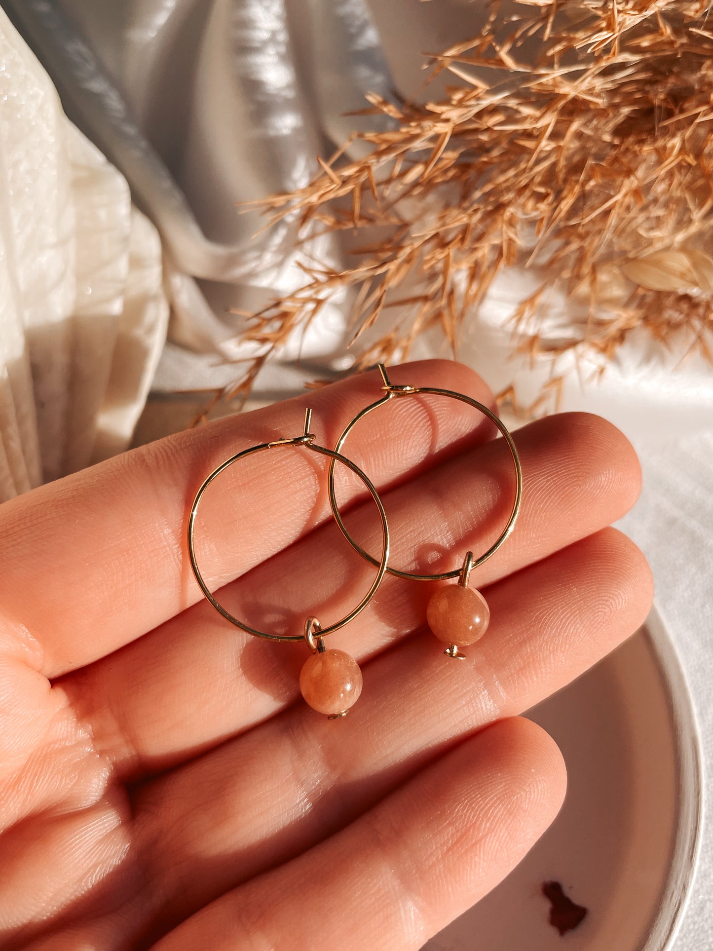 Peach Moonstone Hoops Earrings