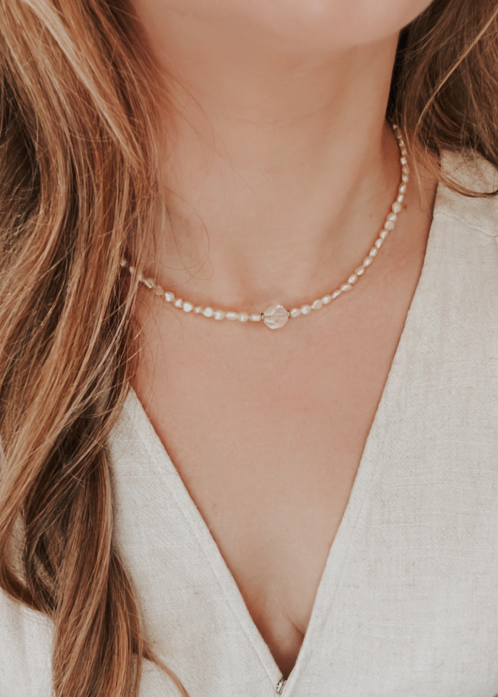 Olivia Peach Pearl + Quartz Necklace