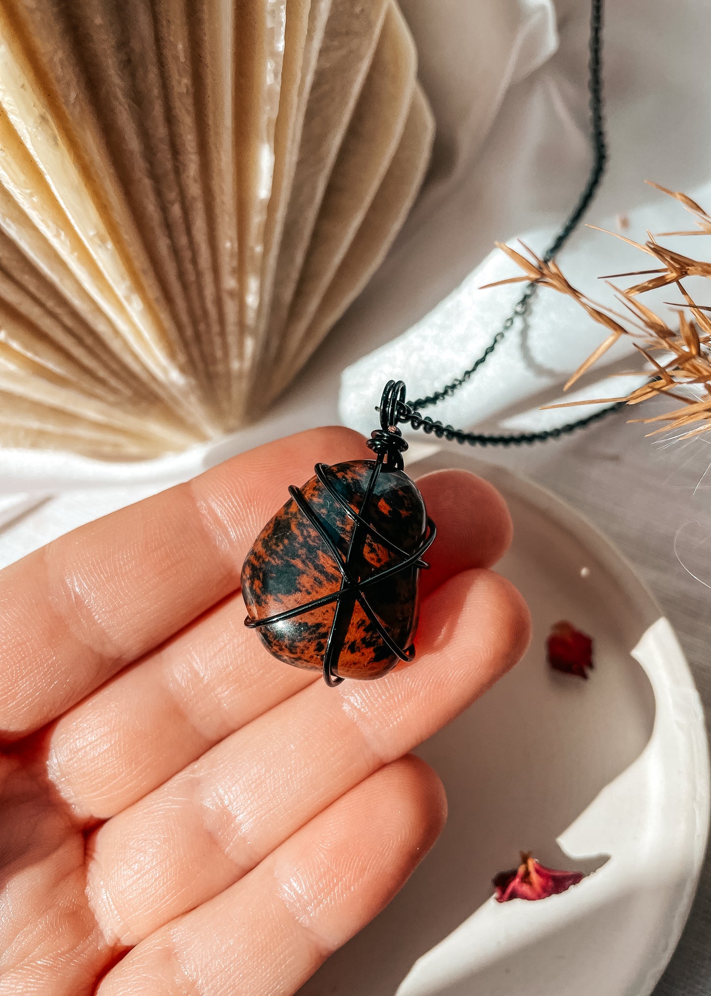 Mahogany Obsidian Black Wire Wrapped Necklace