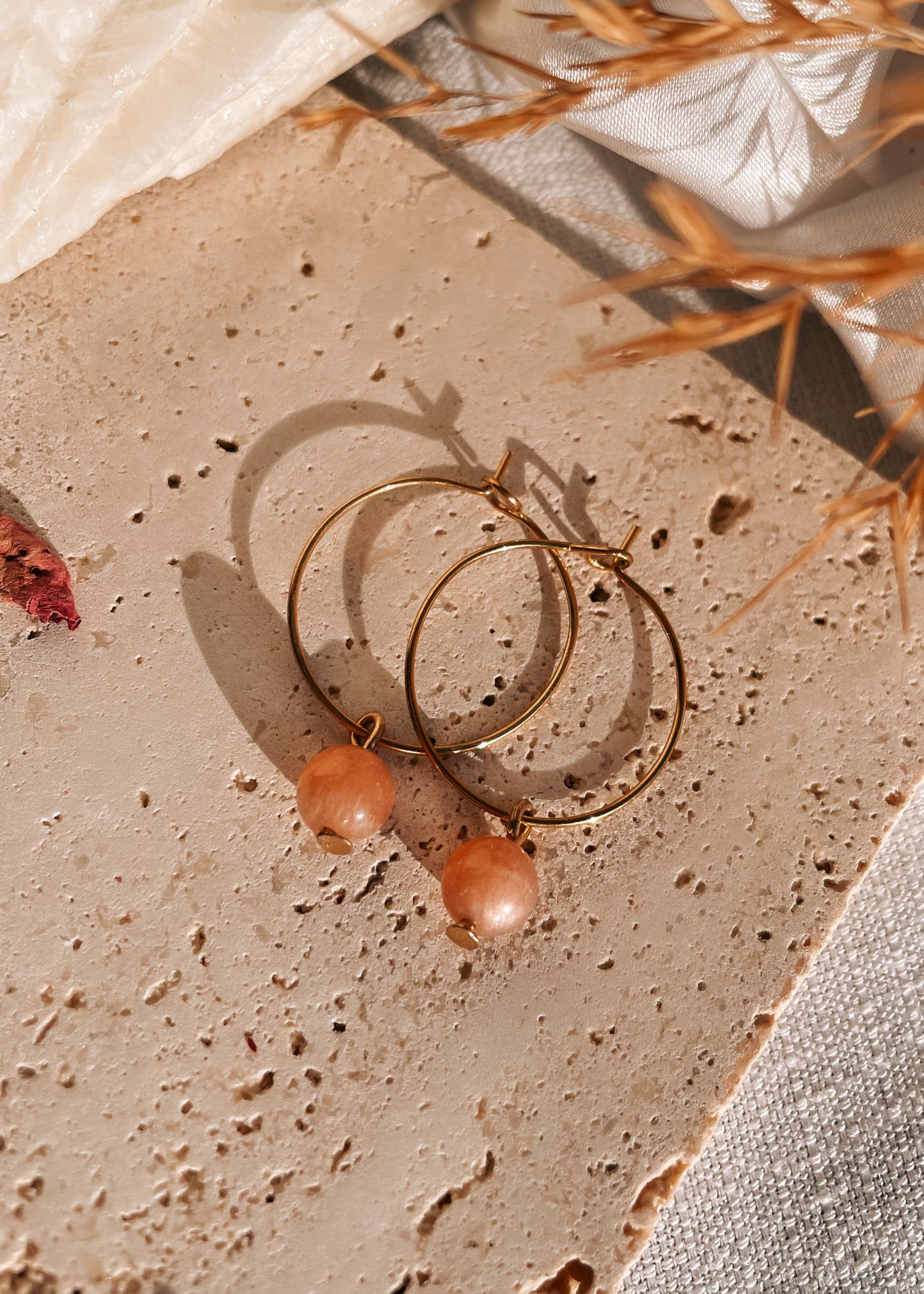 Peach Moonstone Hoops Earrings