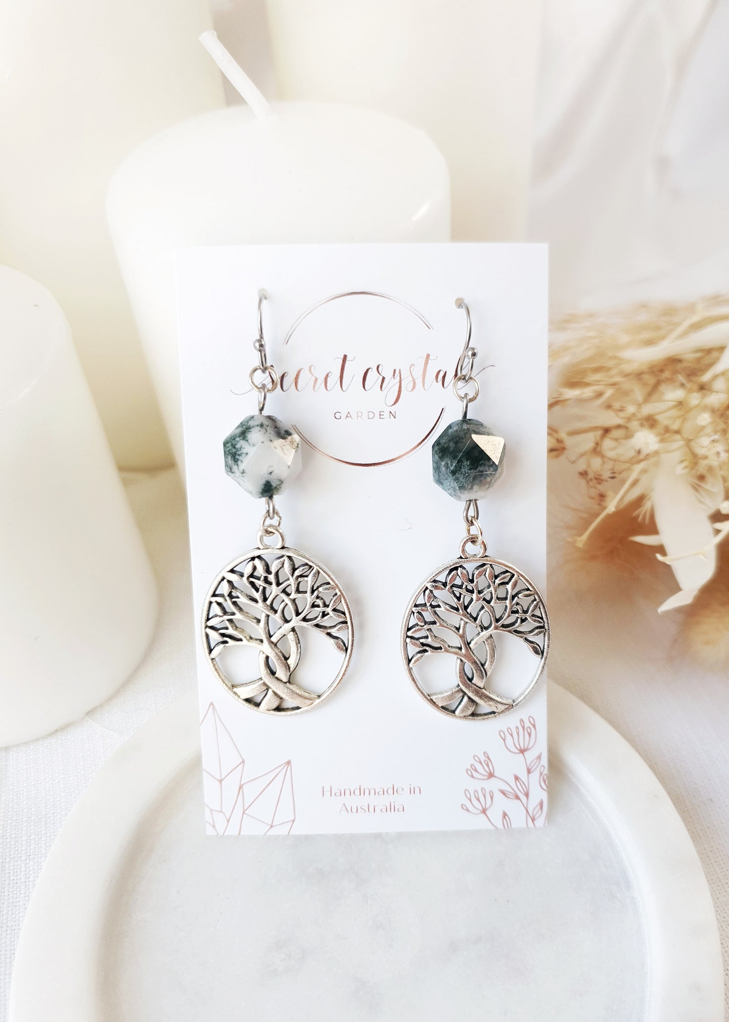 Moss Agate Tree Of Life Earring