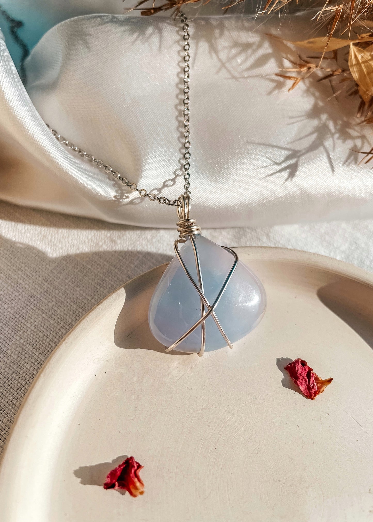 Blue Chalcedony Wire Wrapped Necklace