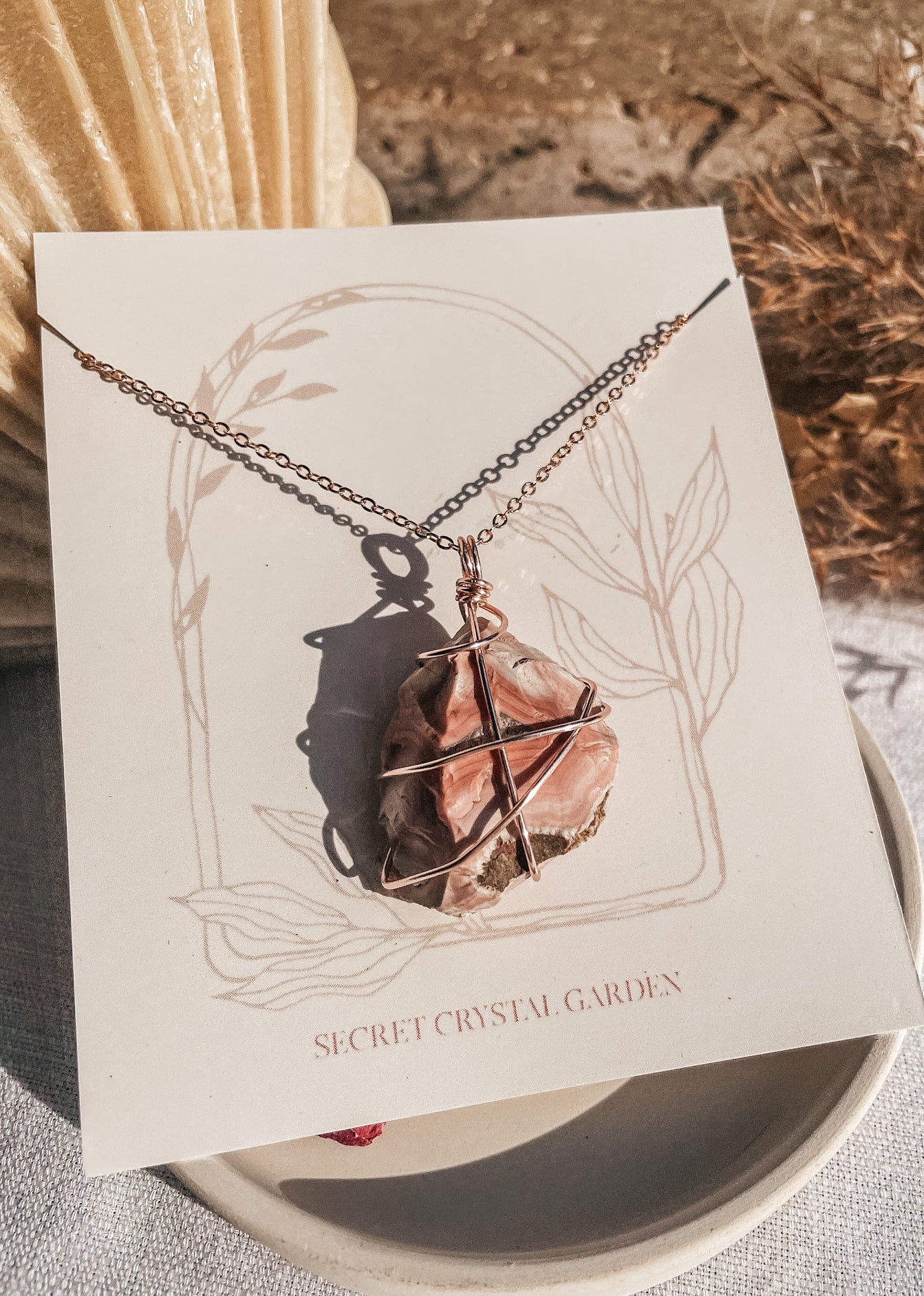 Pink Agate Wire Wrapped Necklace