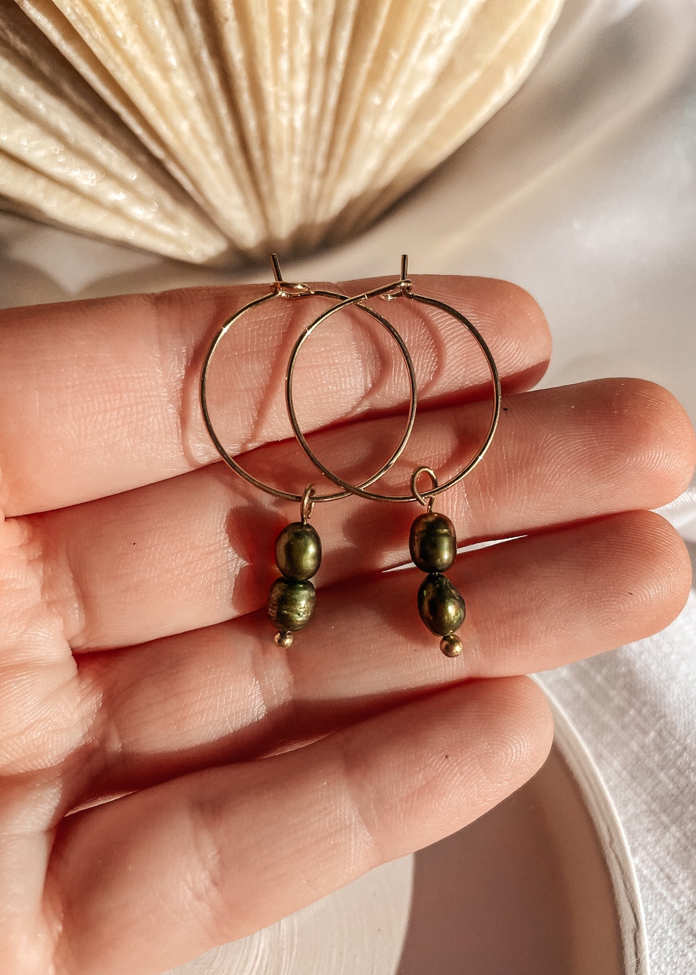 Olive Pearl Gold Hoops