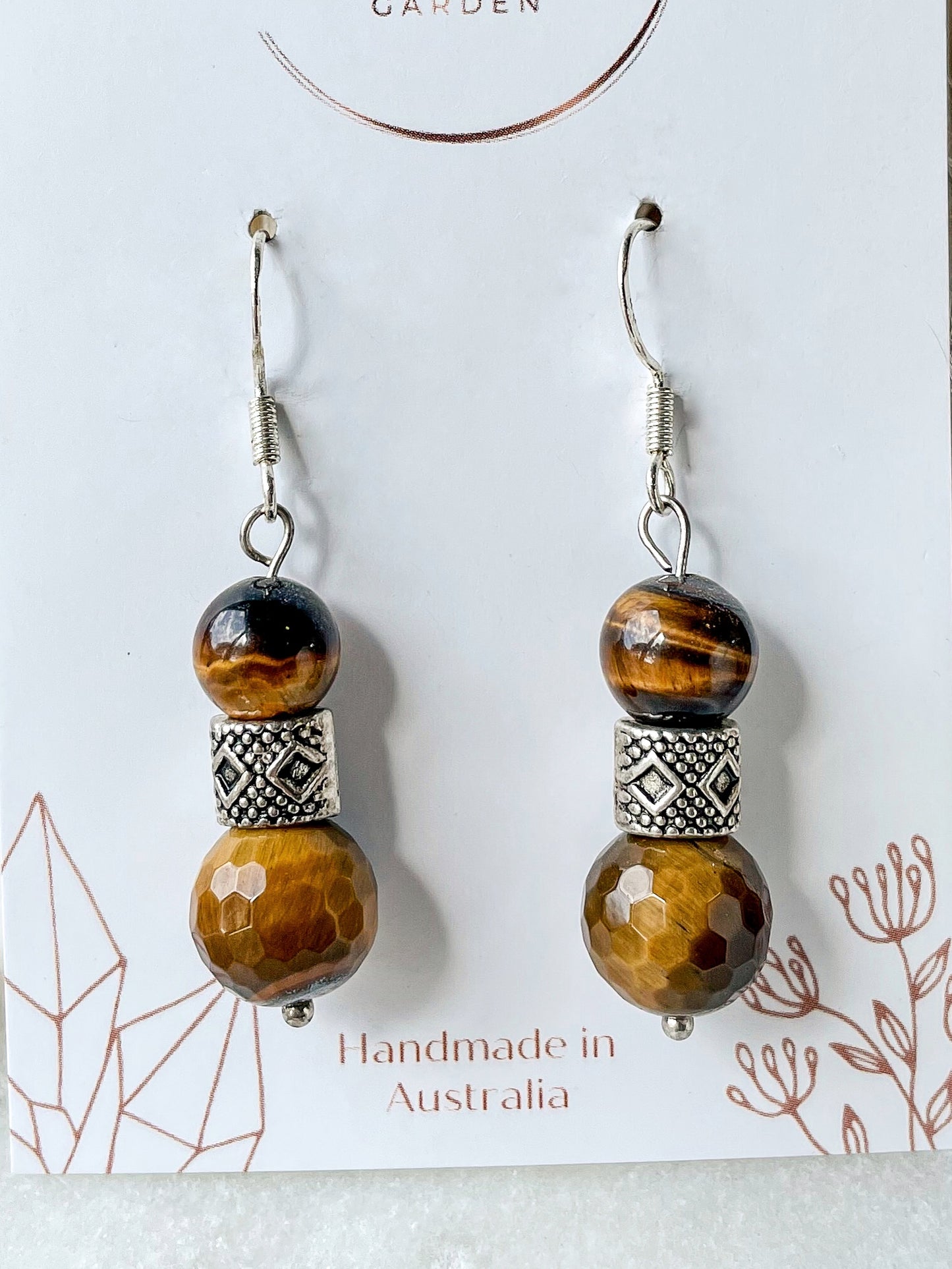 Tiger Eye Silver Pattern Bead Earrings