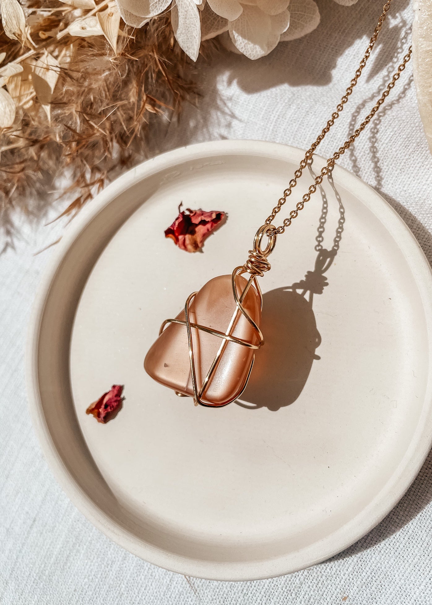 Peach Moonstone Wire Wrapped Necklace
