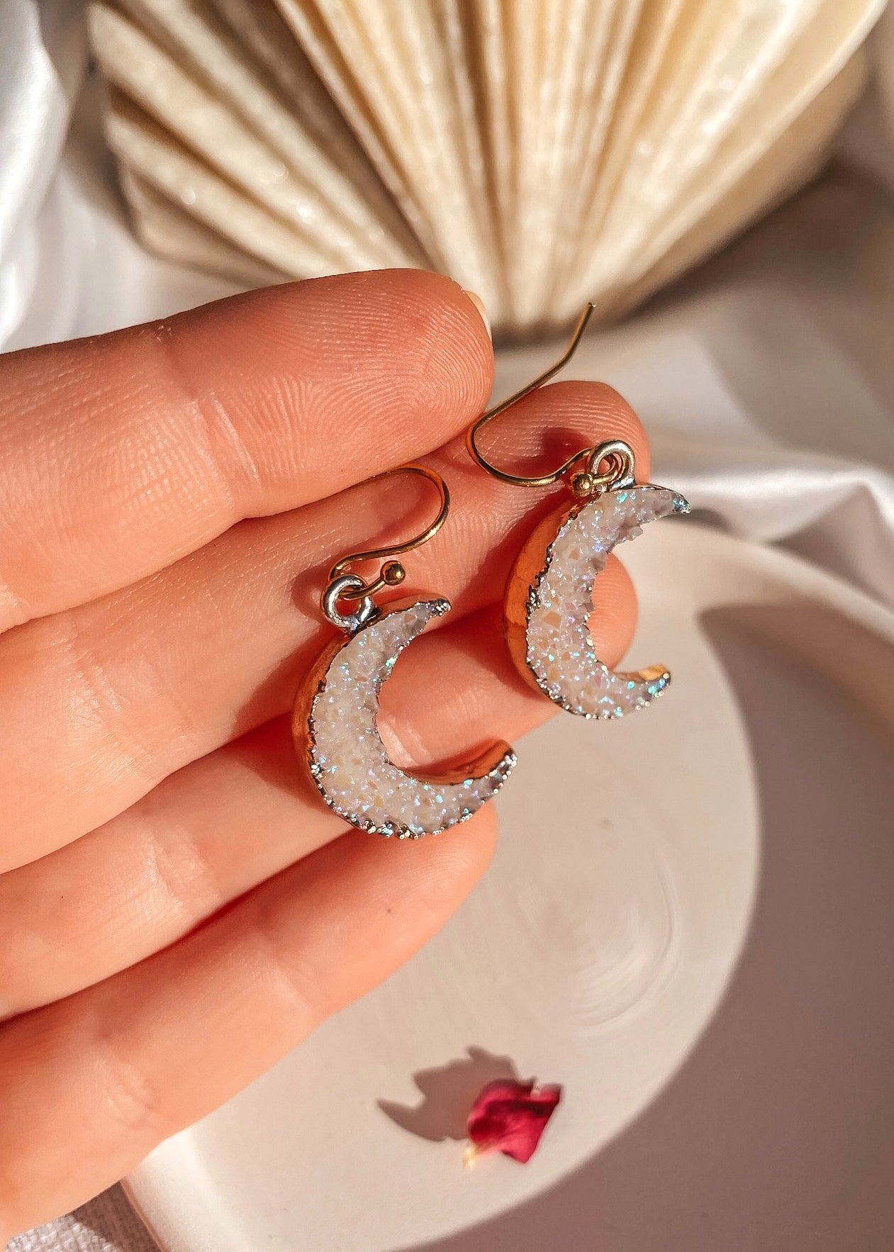 Druzy Gold Moon Earrings