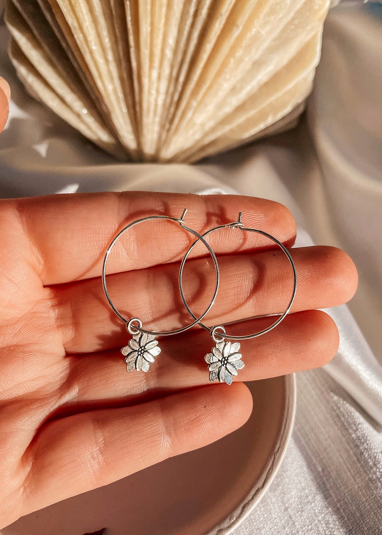 Silver Flower Hoops