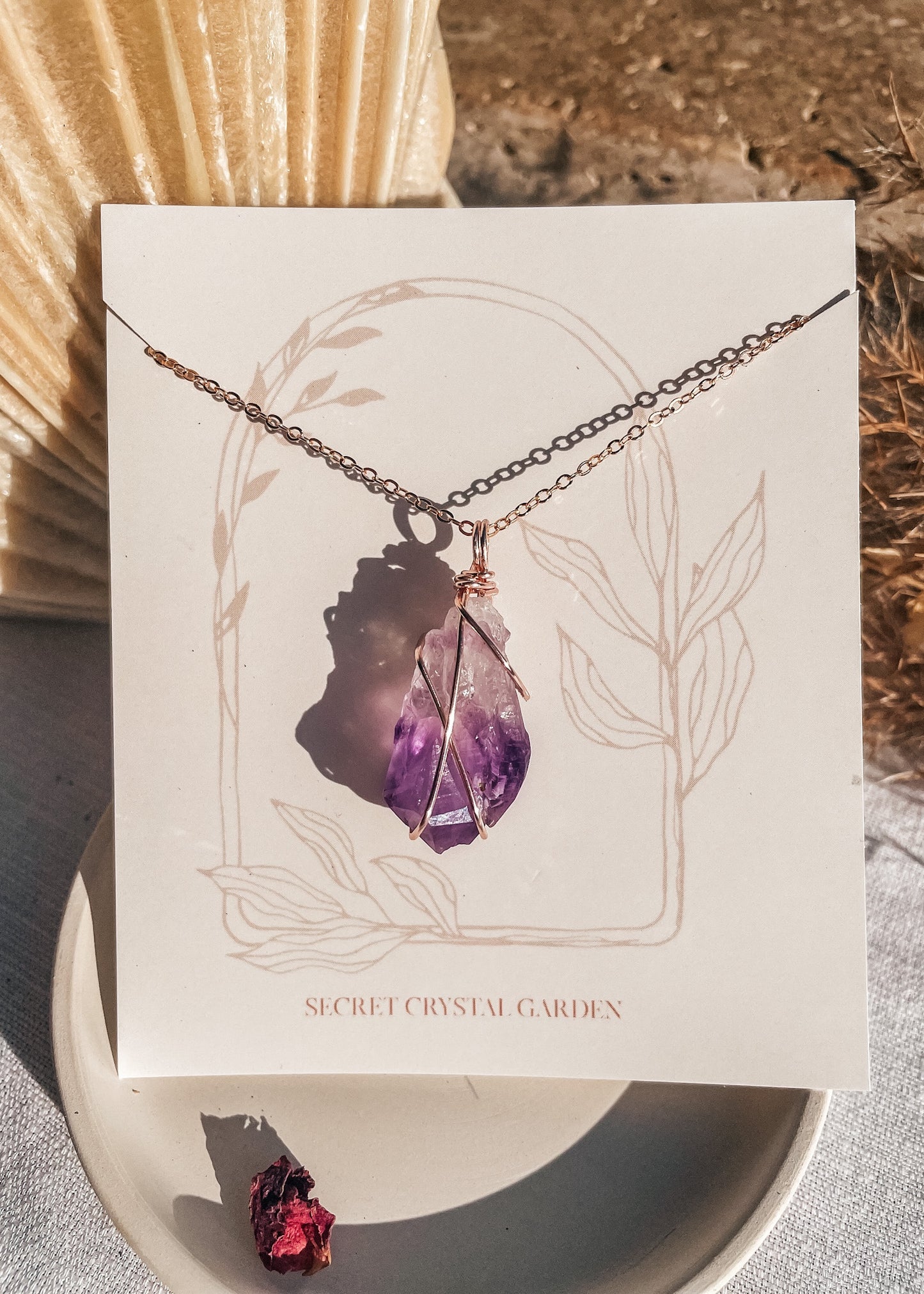 Amethyst Raw Rose Gold Wire Wrapped Necklace