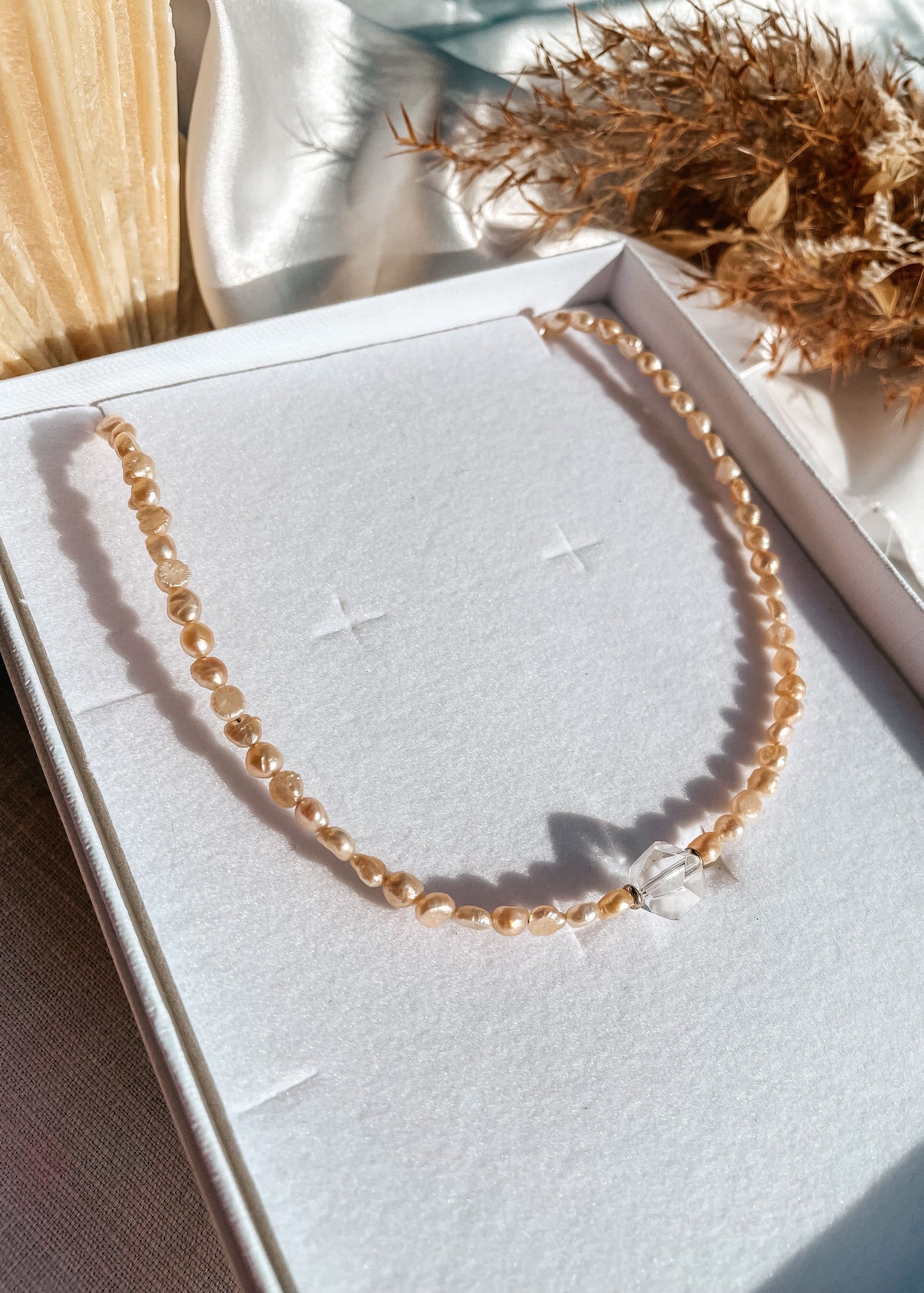 Olivia Peach Pearl + Quartz Necklace