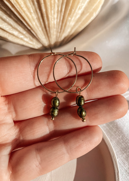 Olive Pearl Gold Hoops & Necklace Set