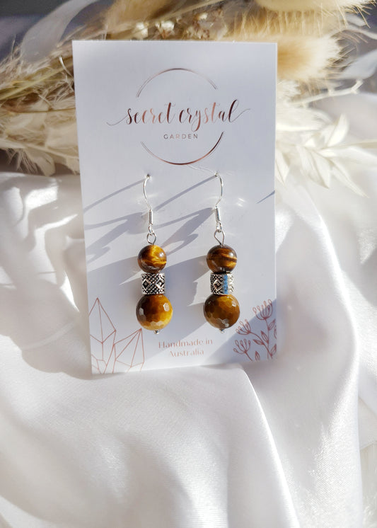 Tiger Eye Silver Pattern Bead Earrings
