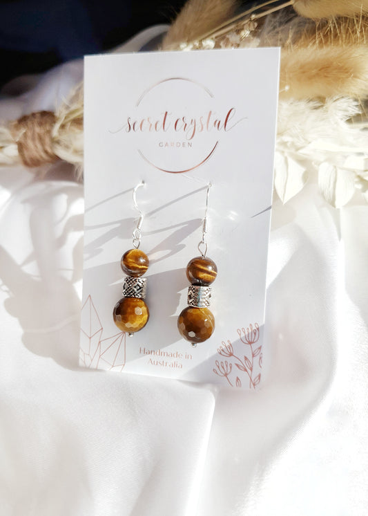 Tiger Eye Silver Pattern Bead Earrings