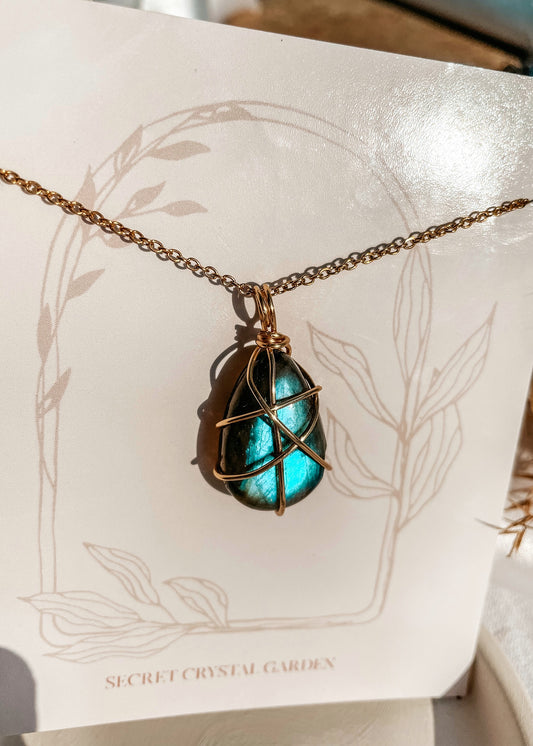 Flashy Blue Labradorite Wire Wrapped Necklace