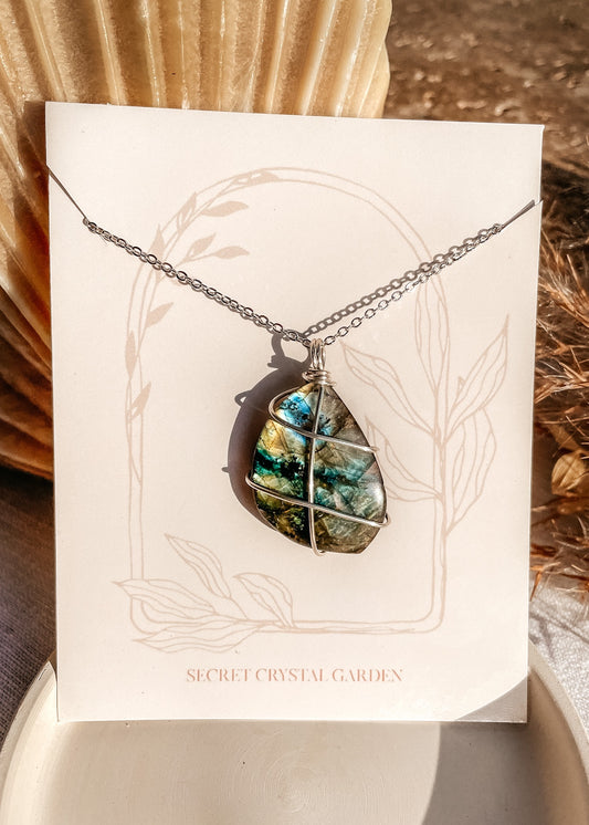 Labradorite Wire Wrapped Necklace Silver