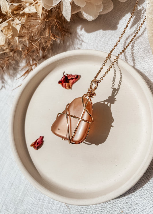 Peach Moonstone Wire Wrapped Necklace