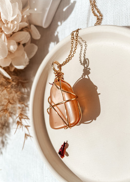 Peach Moonstone Wire Wrapped Necklace