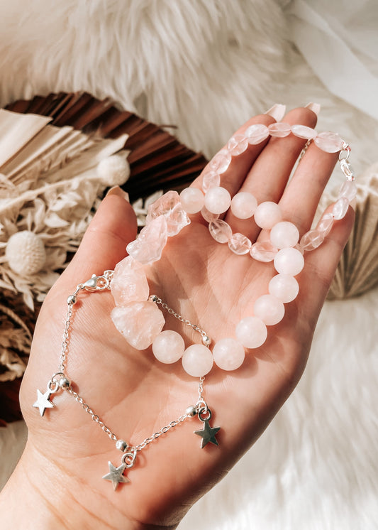 Rose Quartz Raw and Polish Bracelet Set