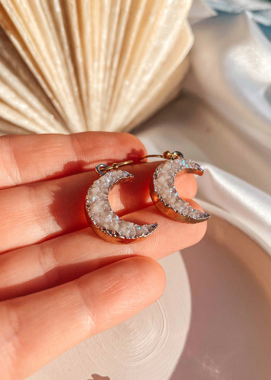 Druzy Gold Moon Earrings