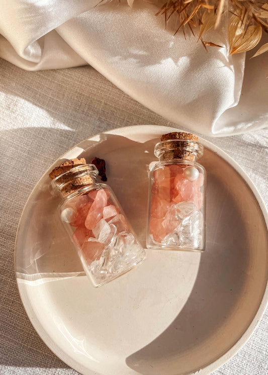 Love Manifesting Jar- Rose Quartz, Clear Quartz and Pearl